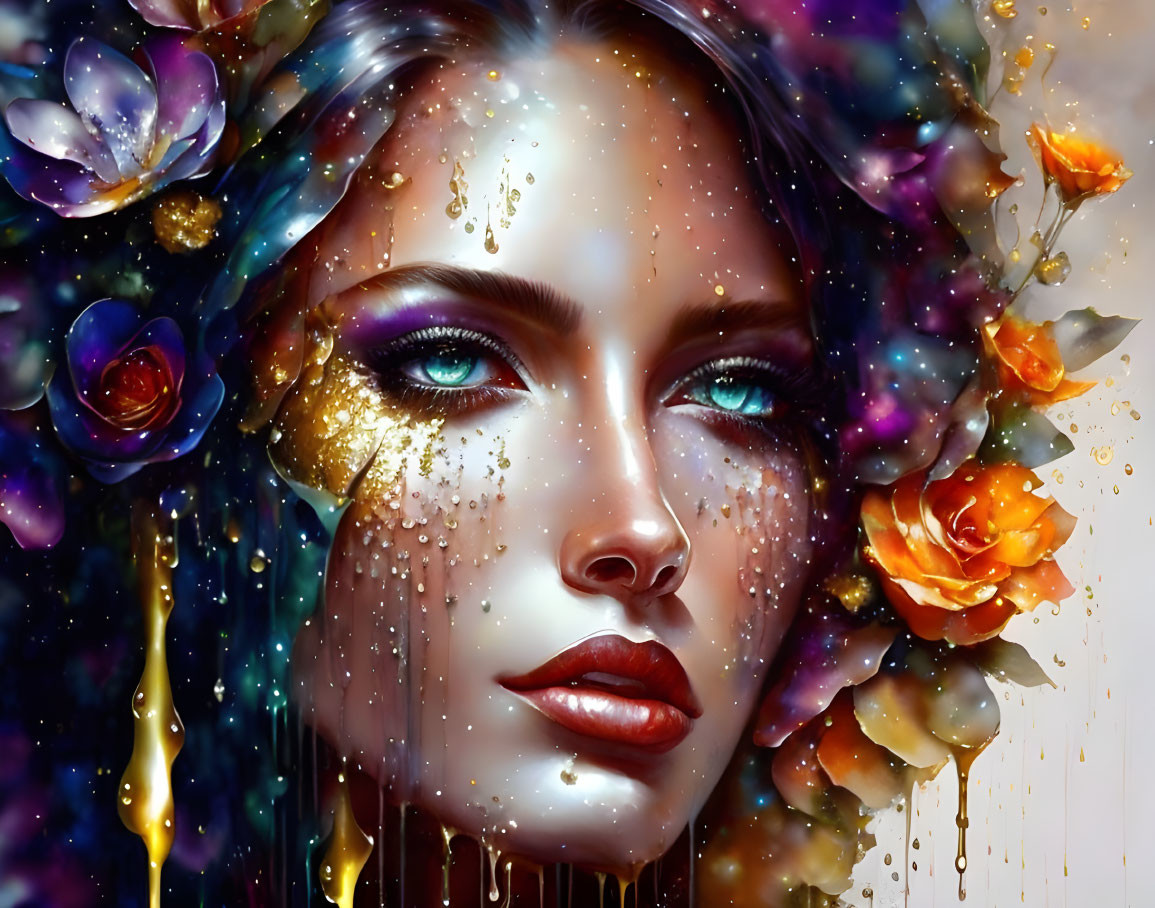 Portrait of woman with flowers, glittering tears, and cosmic backdrop