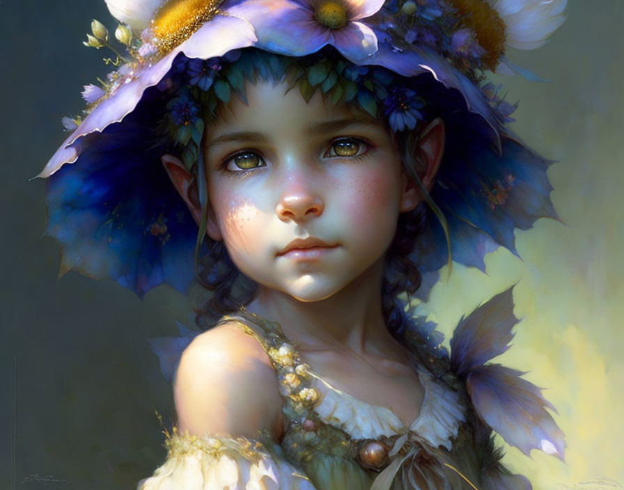 Digital painting of a young girl with expressive green eyes, floral hat, nature-inspired outfit, and soft