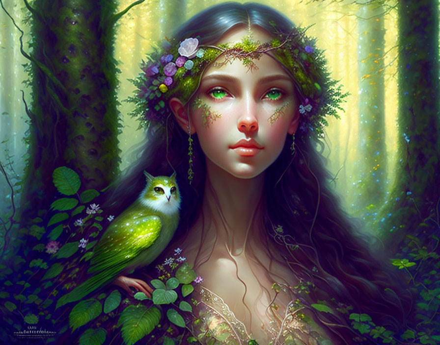 Mystical portrait of woman with floral wreath and green owl in ethereal forest