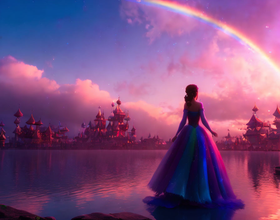 Woman in colorful ball gown by lake and magical castle under sunset sky with rainbow