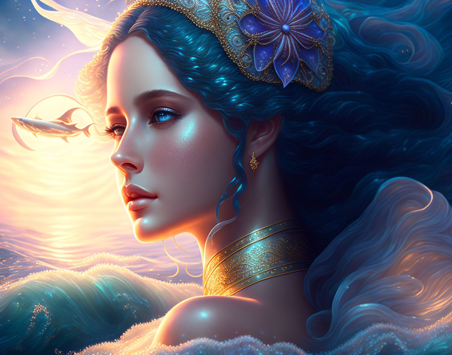 Fantasy digital art of woman with blue hair and jeweled crown