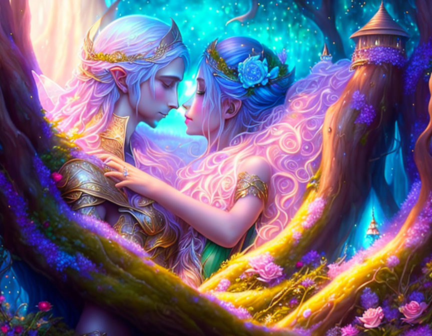 Ethereal elves embracing in luminous forest setting