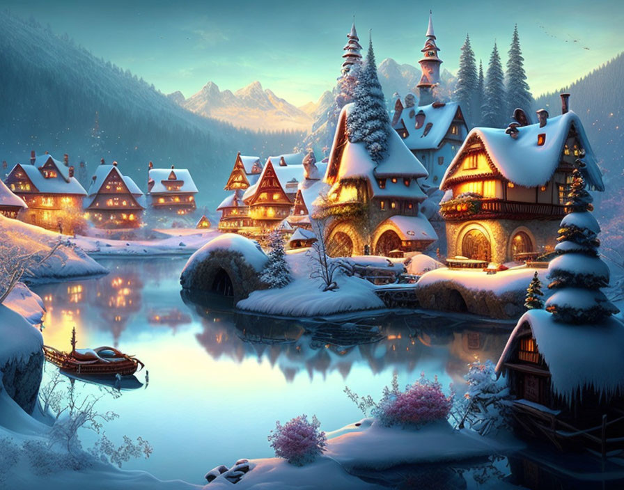 Snow-covered winter village at dusk with river, boat, and mountains.