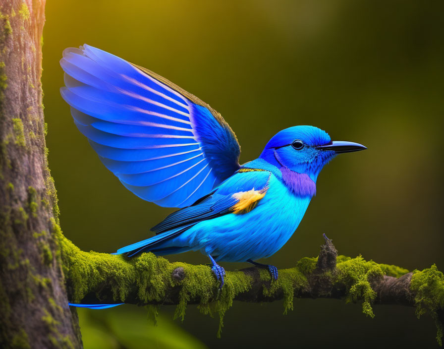 Blue bird with open wings on mossy branch against green background