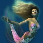 Golden-haired mermaid with green tail in underwater scene