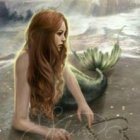 Mermaid digital art: blonde hair, golden armwear, swimming near colorful corals with fish