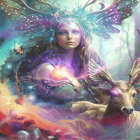 Mystical illustration of woman with winged headgear and celestial fox