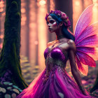 Mystical fairy with iridescent wings in a magical forest