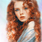 Colorful digital artwork: Young girl with wavy hair and iridescent bubbles on soft background