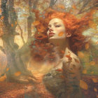 Red-haired woman in enchanted autumn forest with red foliage.