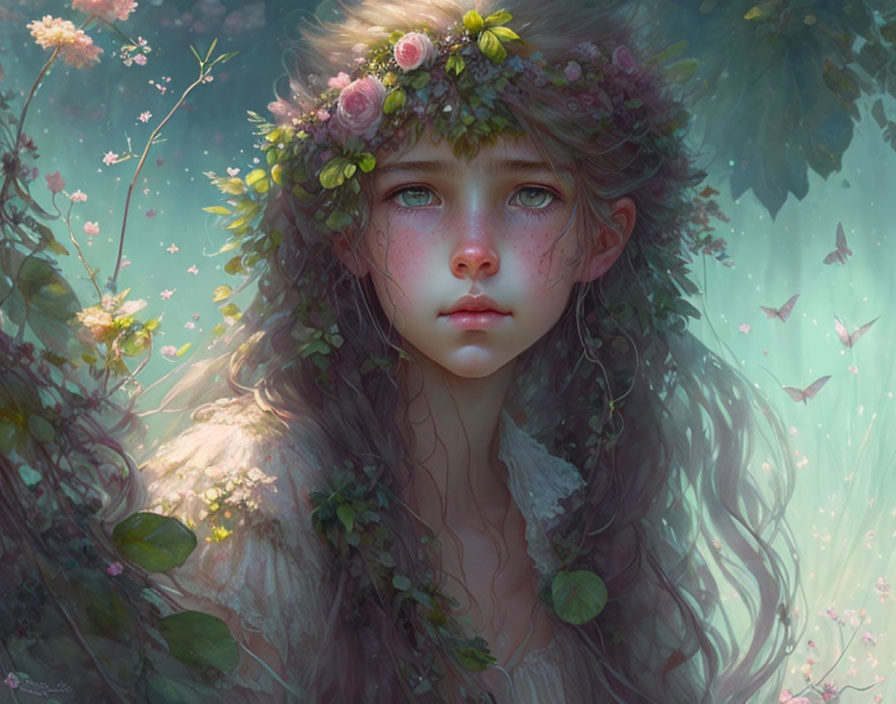 Surreal portrait of girl with floral crown and butterflies in misty forest