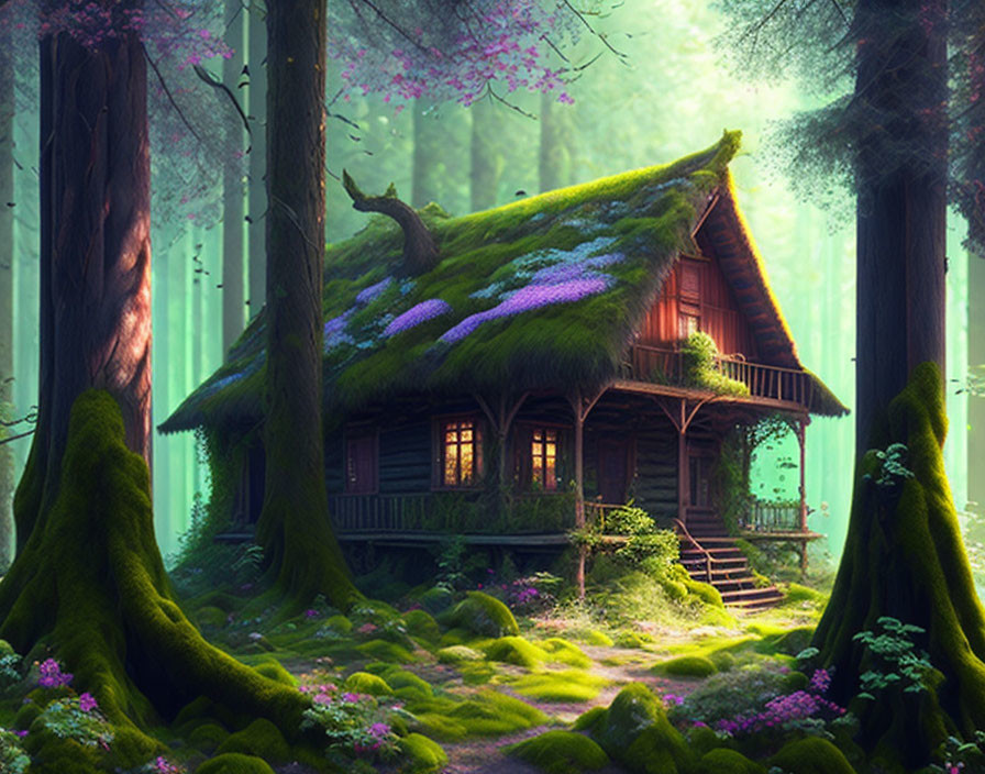 Enchanting forest cottage with moss-covered roof and blooming flowers