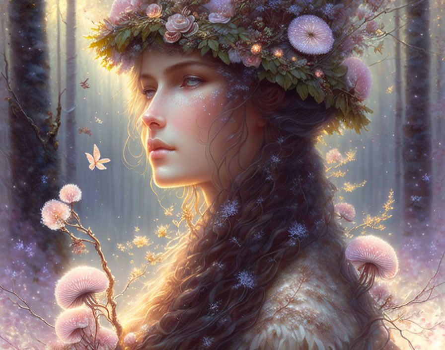 Woman with floral headdress in mystical forest with butterflies and glowing mushrooms