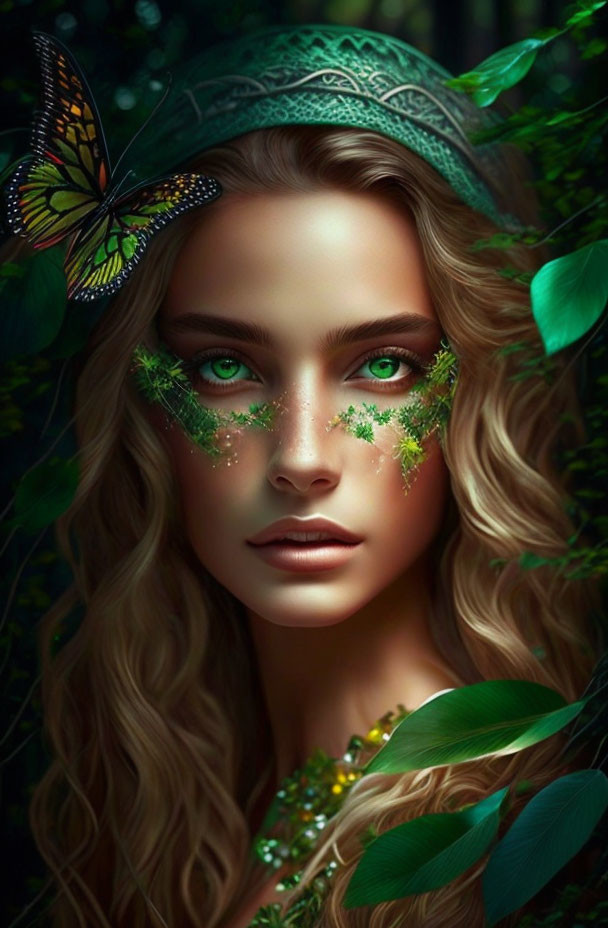 Woman with green eyes, leaf makeup, butterfly headpiece in lush foliage