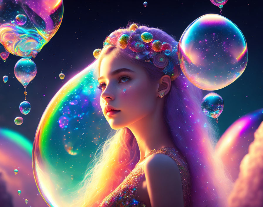 Young Woman Crowned with Bubbles and Flowers in Colorful, Luminescent Setting