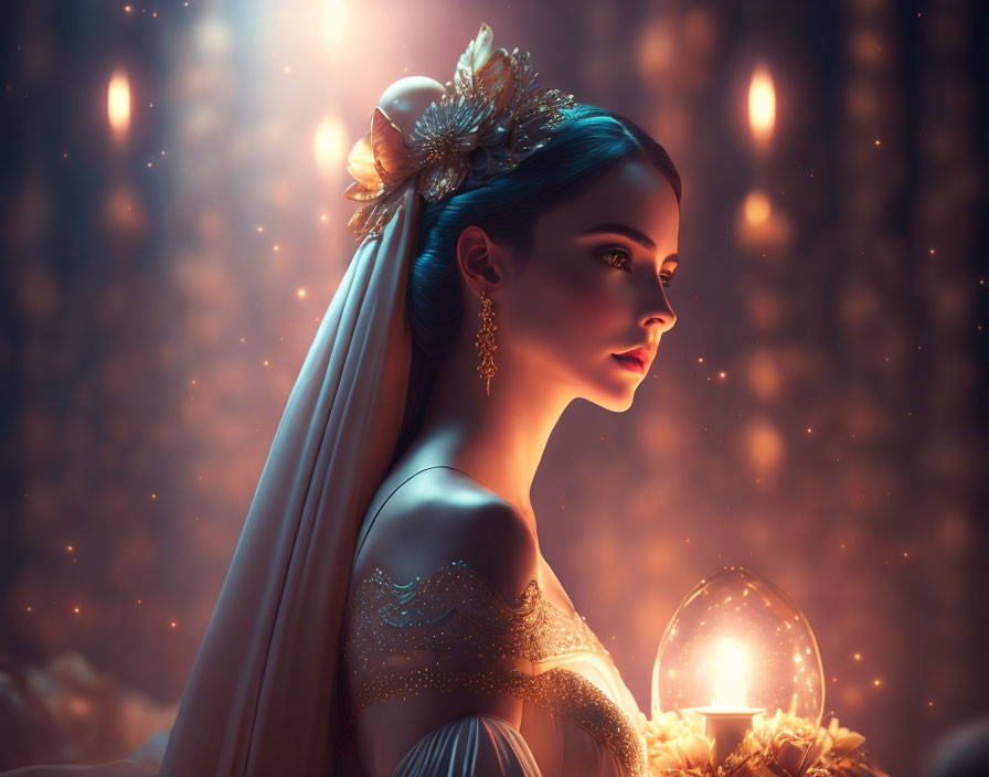 Elegant woman with decorative headpiece in candlelit setting