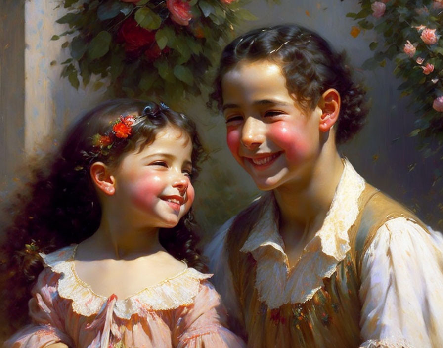 Two girls with flowers in hair amid roses.