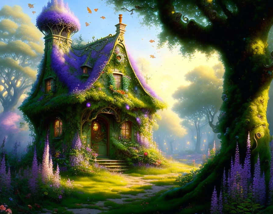 Enchanting cottage surrounded by greenery and purple flowers in a magical forest