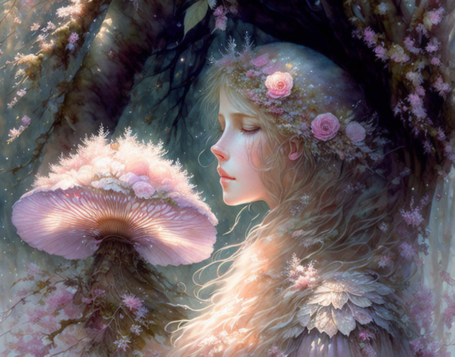 Fantasy illustration of woman with flowers and glowing mushroom in enchanted forest