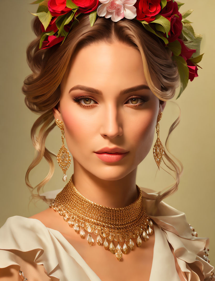 Woman in Floral Crown and Cream Dress with Gold Jewelry