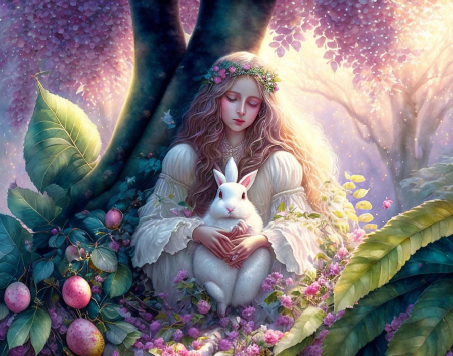 Woman with floral crown holding white rabbit in lush garden with pink blossoms