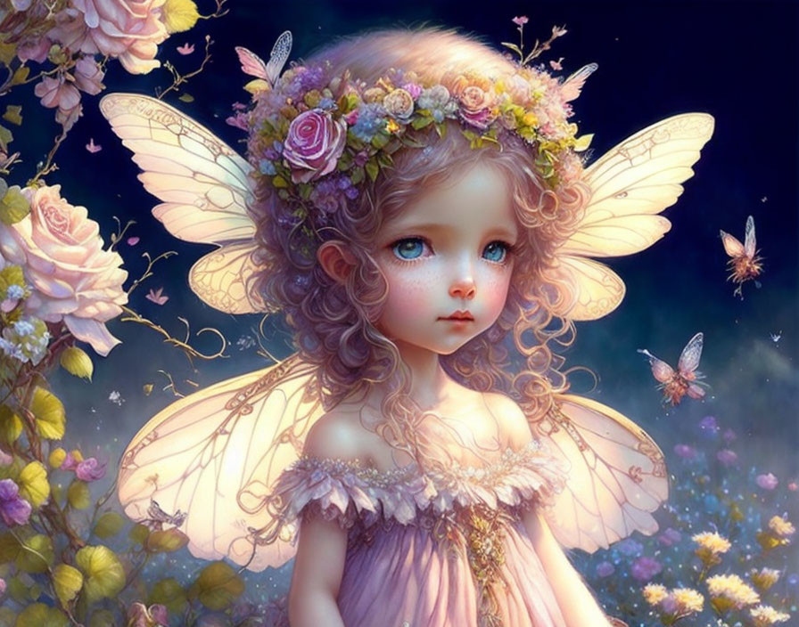 Whimsical fairy child with glowing wings, floral crown, surrounded by flowers and butterflies