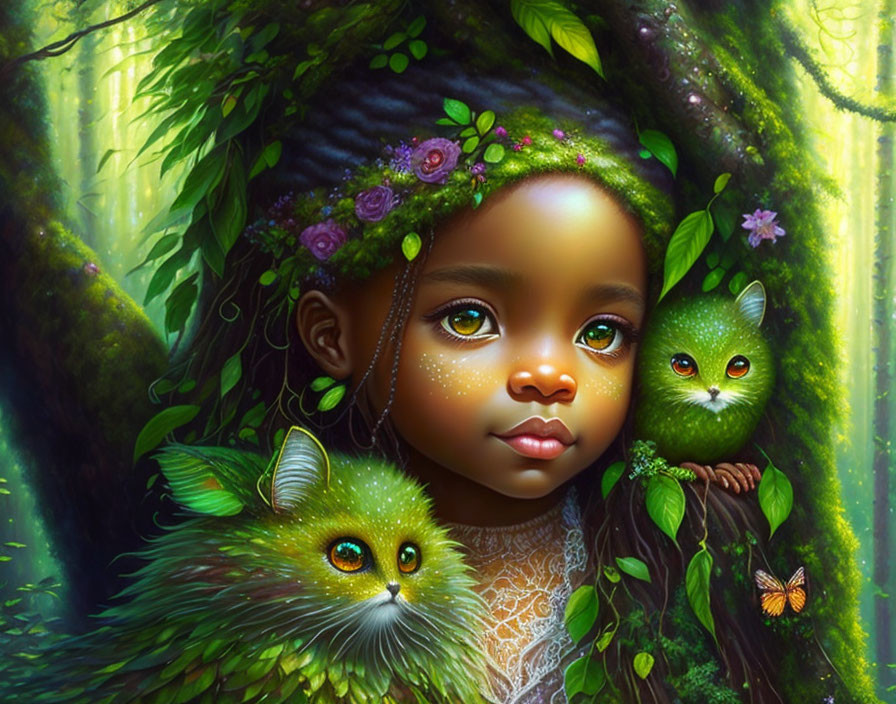 Young girl with braided hair and mystical creatures in lush forest.