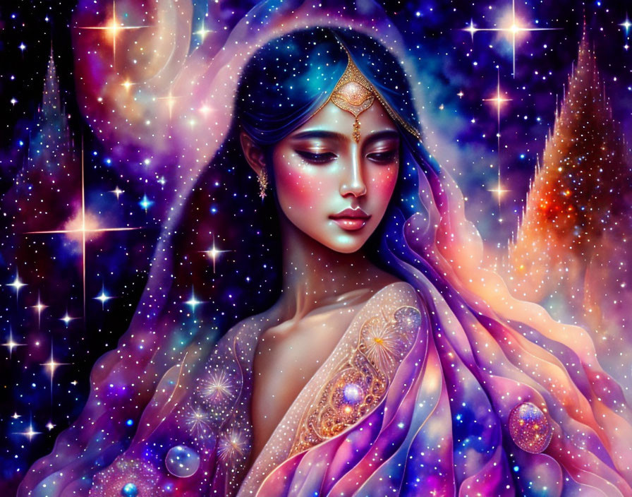 Ethereal woman with cosmic jewelry in galactic setting