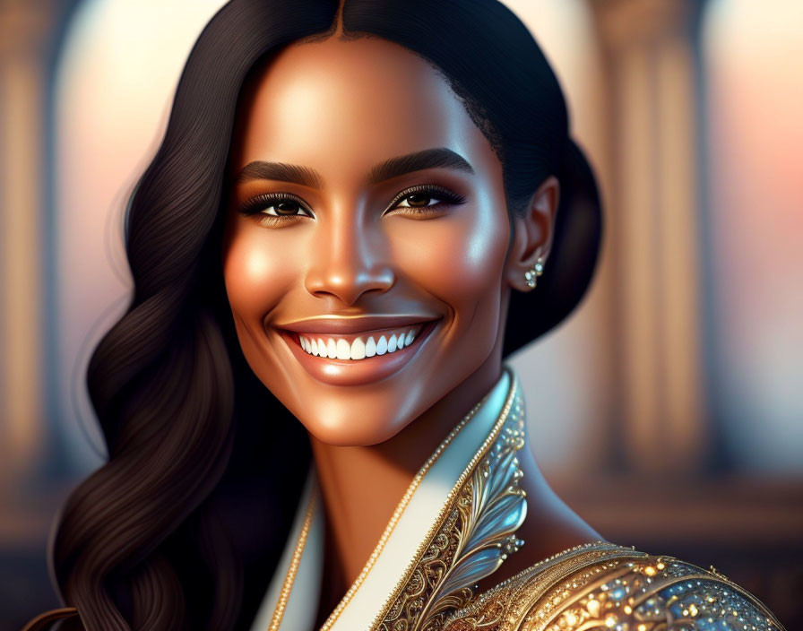 Smiling woman with flowing hair and golden jewelry against blurred architectural background