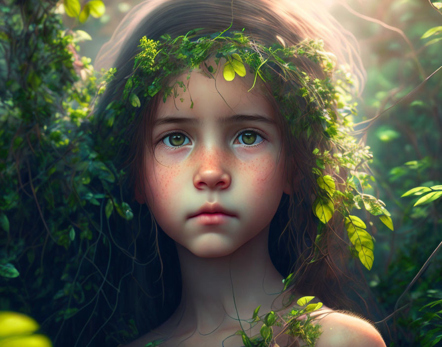 Young girl with green leaf wreath surrounded by foliage and soft light.