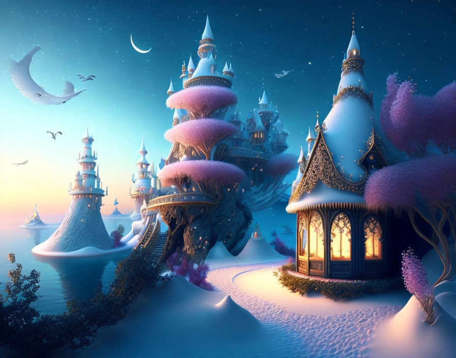 Fantastical twilight landscape with whimsical castles on floating islands under crescent moon