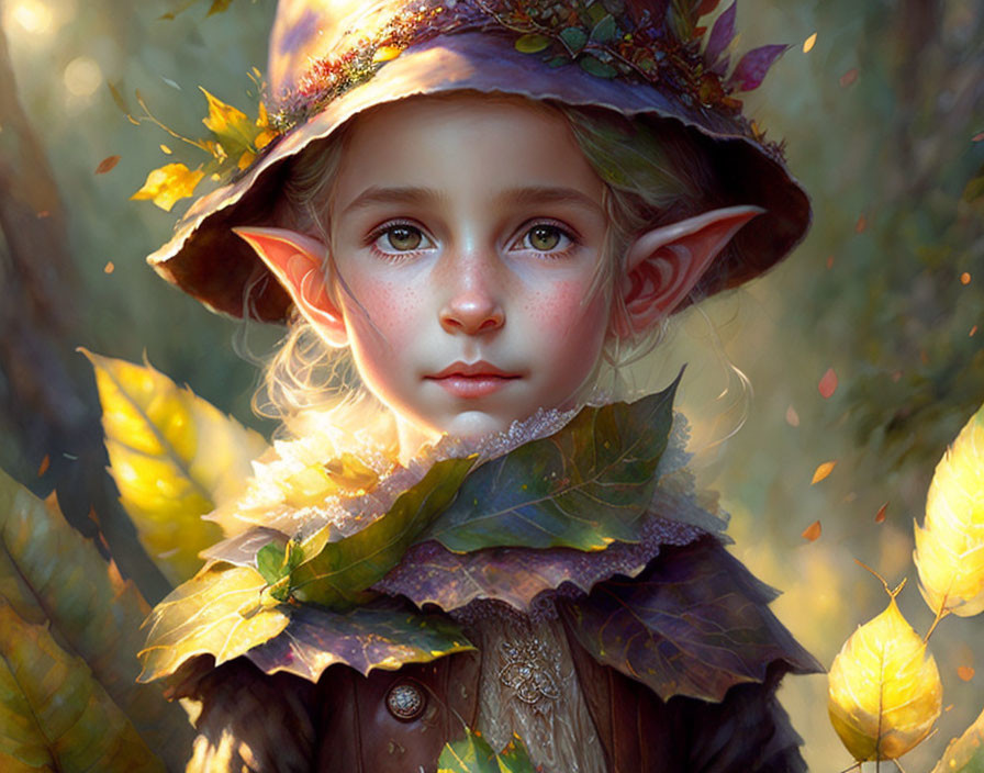 Digital artwork of child with elfin features in golden leaf surroundings wearing foliage hat