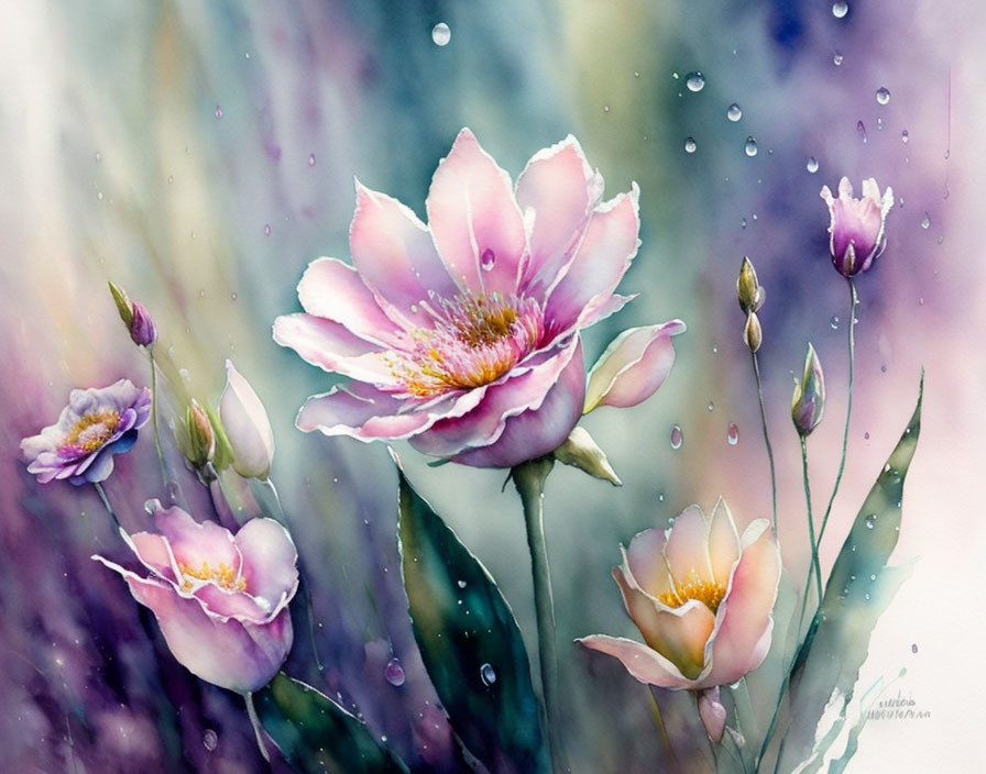 Delicate pink flowers with droplets in serene garden scene