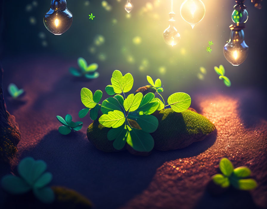 Enchanting clovers and glowing light bulbs in magical setting