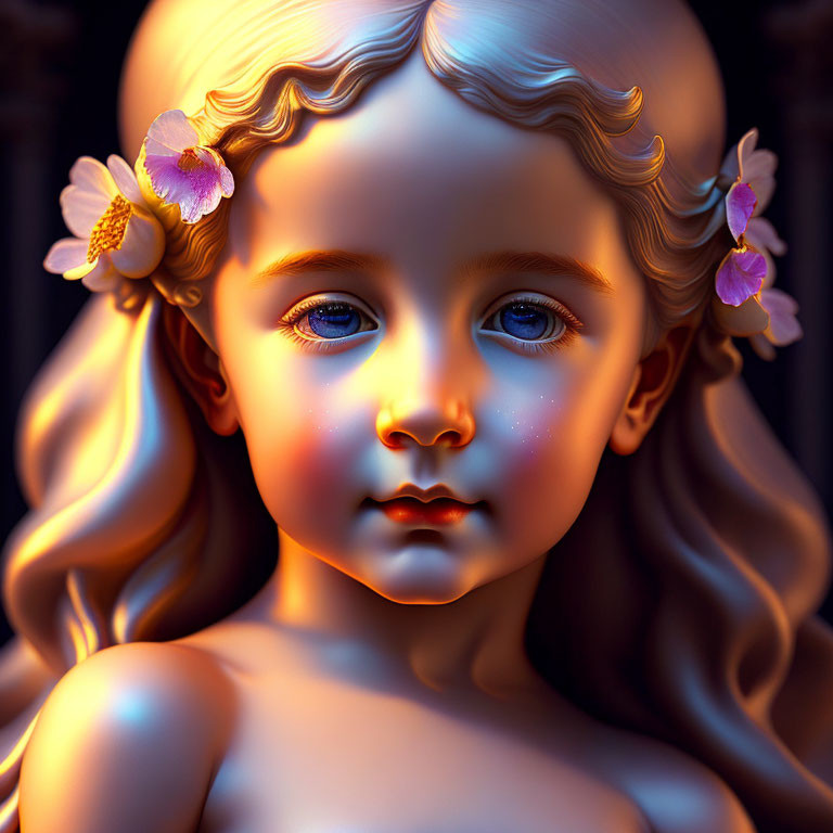 Child portrait with golden hair, blue eyes, and pink flowers in warm light