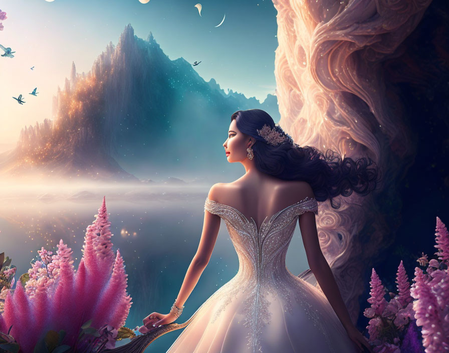 Woman in elegant gown gazes at fantastical landscape with pink flora, misty mountains.