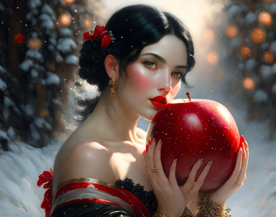 Portrait of woman with pale skin holding red apple in snowy scene