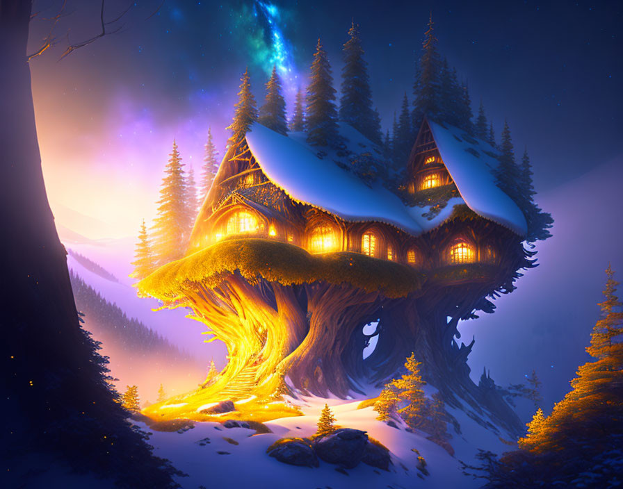 Enchanting Glowing Treehouse in Mystical Forest