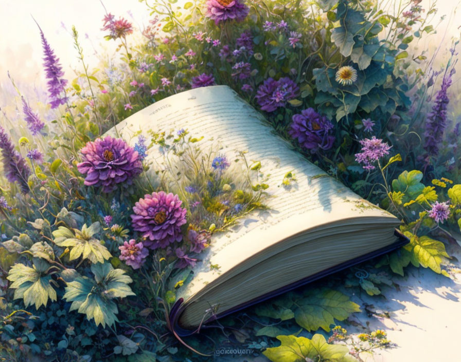 Open book surrounded by wildflowers in soft sunlight