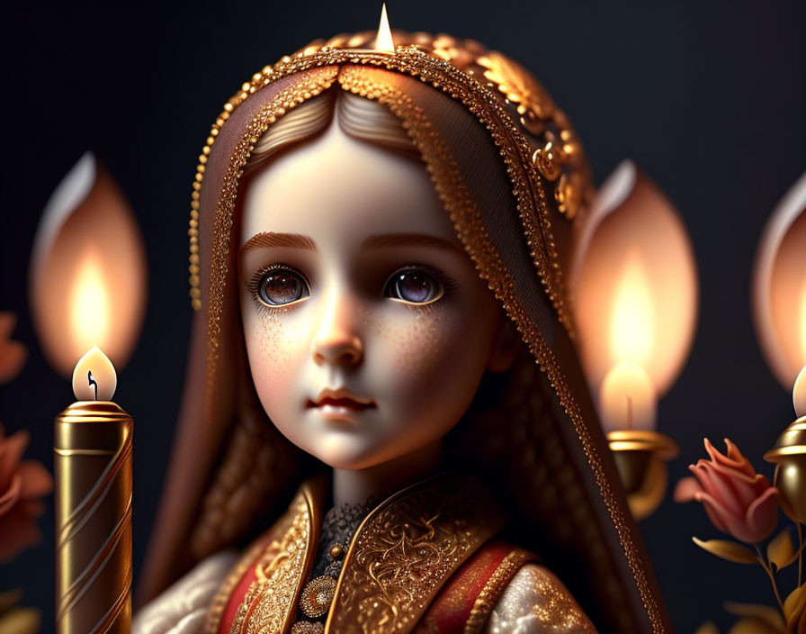 Digital artwork featuring doll-like character in ornate attire with candles and roses