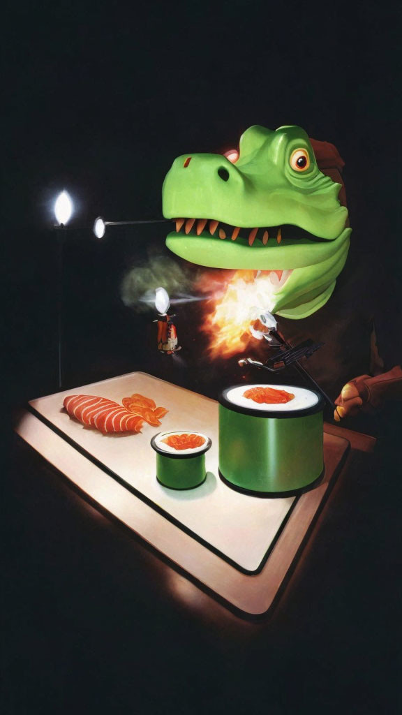 Colorful Artwork: Green Dinosaur Cooking Shrimp with Fiery Breath