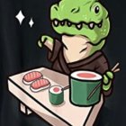 Colorful Artwork: Green Dinosaur Cooking Shrimp with Fiery Breath