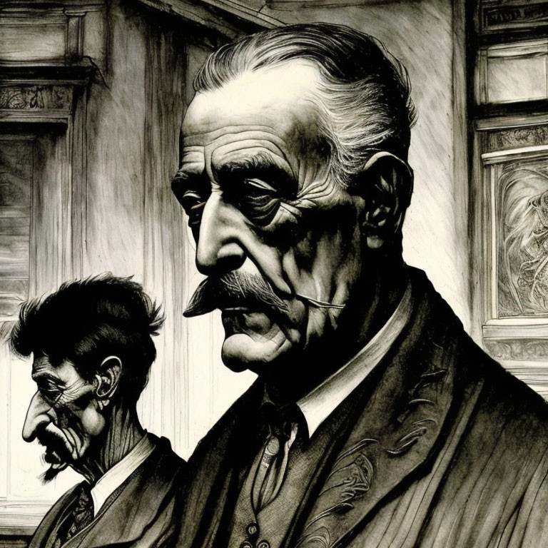 Illustration of two men in profile with a prominent mustache, exuding a historical ambiance.