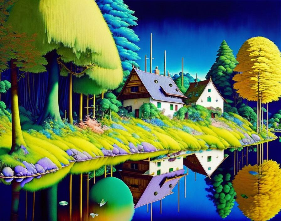 Colorful Trees, Reflective Lake, and Whimsical Houses in Surreal Landscape