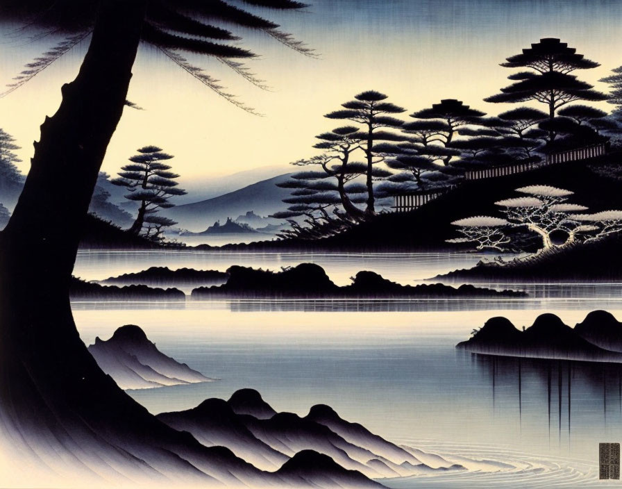 Tranquil landscape painting: serene lake, silhouetted trees, mountains, clear sky