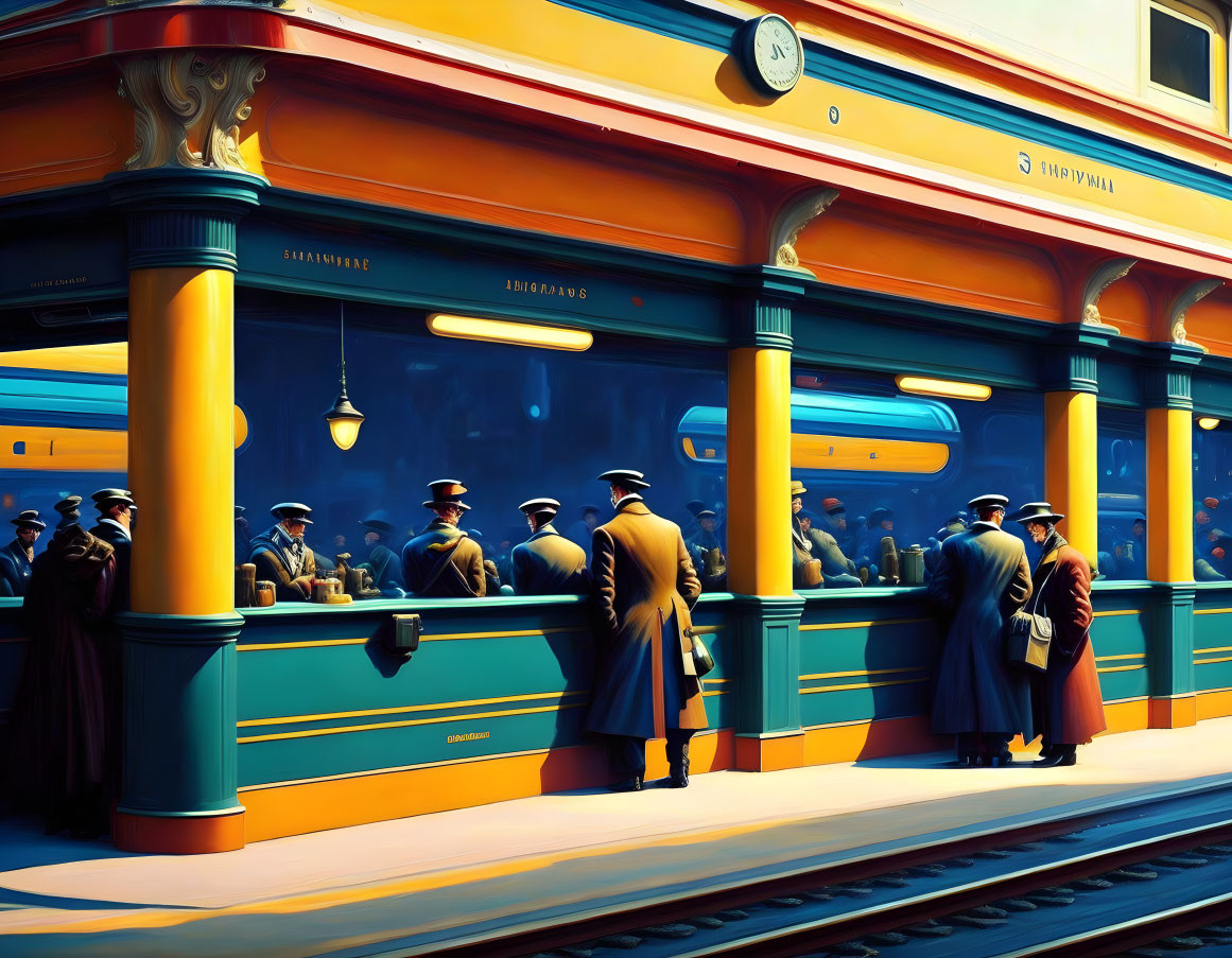 Vintage yellow and blue train with uniformed personnel at elegant platform