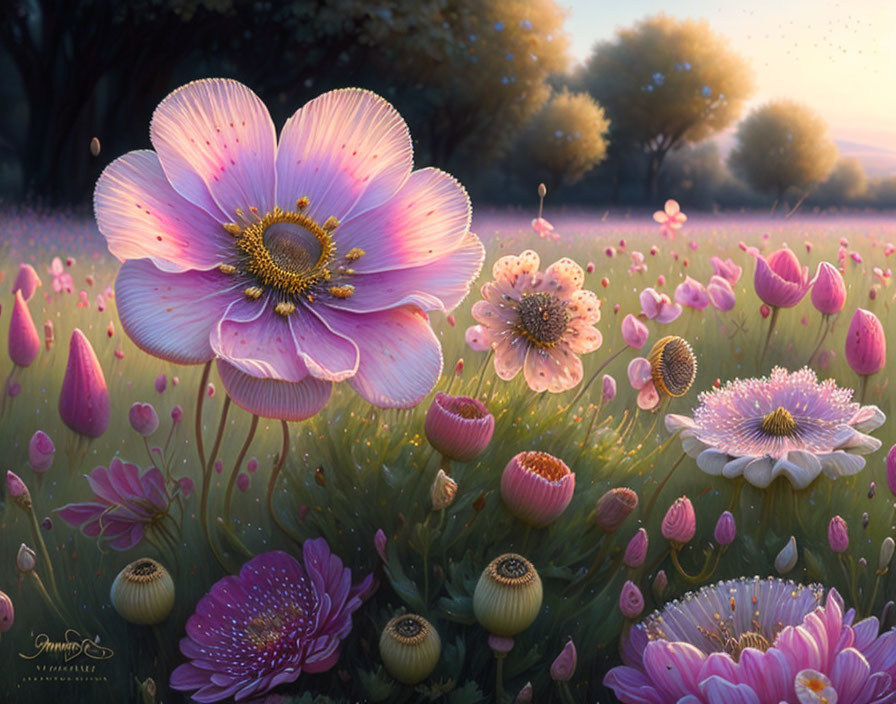 Tranquil Pink Flower Field in Soft Sunlight