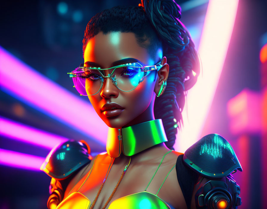 Futuristic woman with glowing glasses and cybernetic enhancements