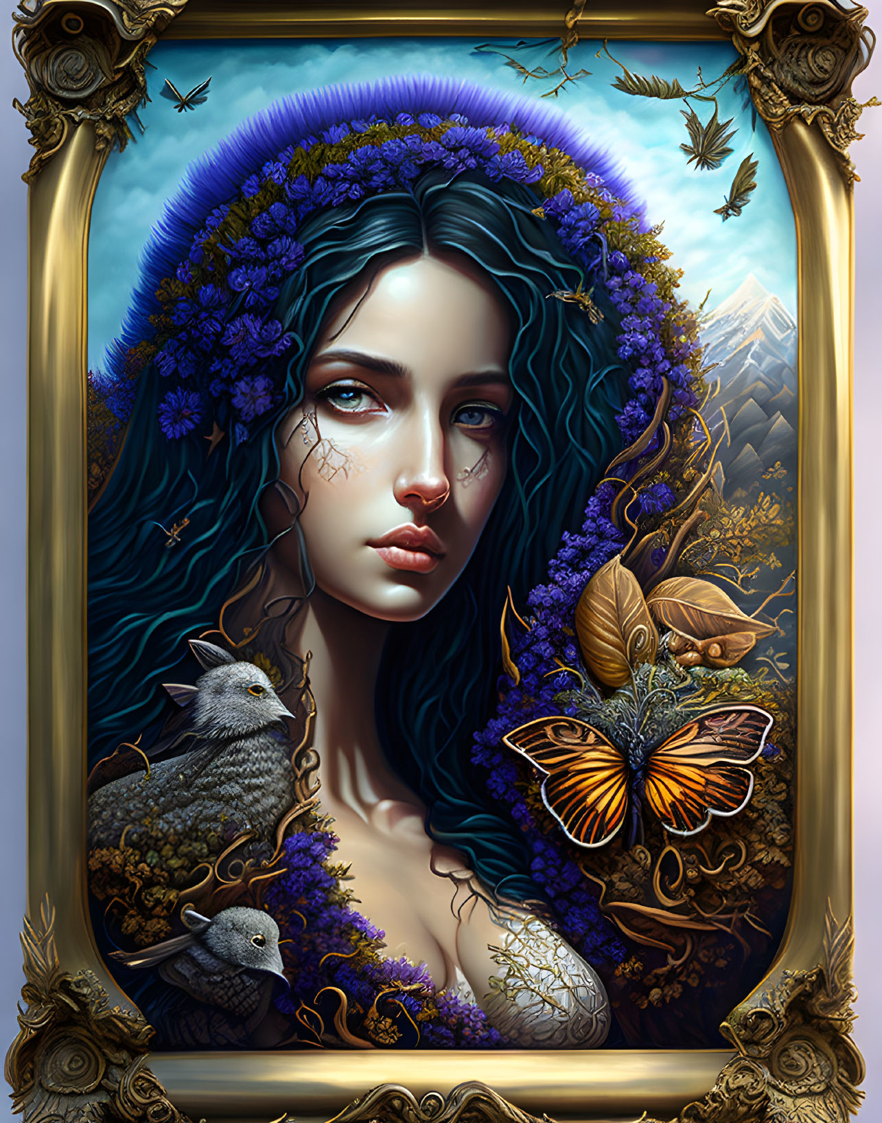 Fantasy portrait of woman with wildlife, flowers, and butterfly in golden frame