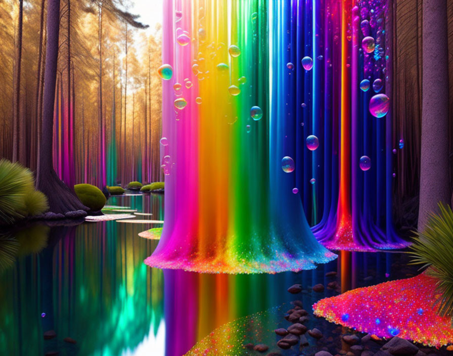 Colorful surreal forest with rainbow waterfalls and neon trees